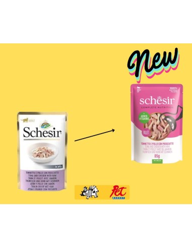 Schesir Cat Busta Tonnetto Con Pollo e  Prosciutto  in jelly gr 85. Mangime Umido Per Gatti.