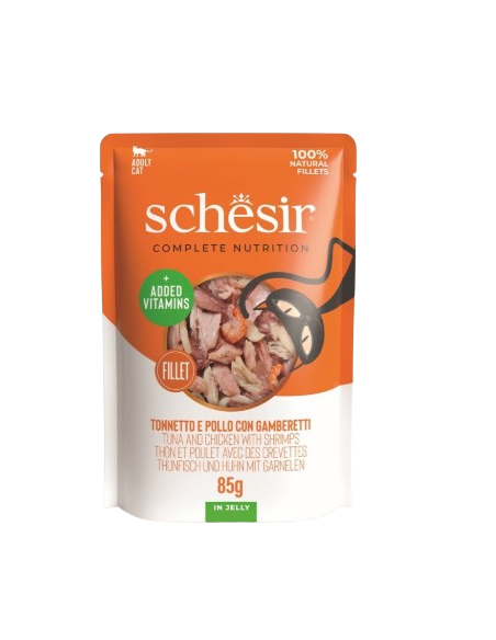 Schesir Cat Busta Tonno Polle e Gamberetti gr 85. Mangime Umido Per Gatti