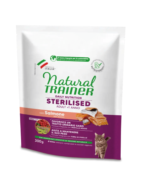 Natural Trainer Sterilised Con Salmone gr 300. Cibo Secco Per Gatti