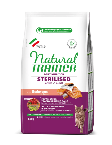 Natural Trainer Sterilised Con Salmone e Fibra di pisello kg 1,5. Cibo Secco Per Gatti