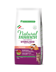 Natura Trainer Sterilizzato Salmone Fibra di Pisello kg 10. Cibo secco per gatti.