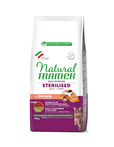 Natura Trainer Sterilizzato Salmone Fibra di Pisello kg 10. Cibo secco per gatti.