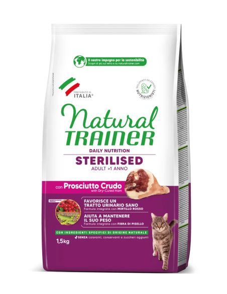 Natural Trainer Adult Sterilised  Con  Prosciutto Crudo kg 1,5 . Alimento Per Gatti