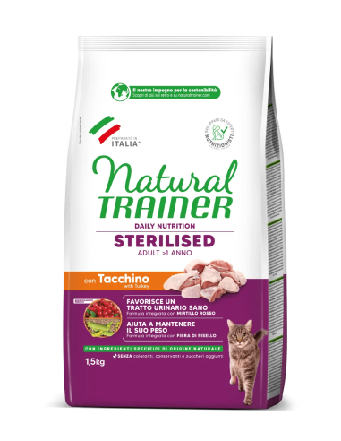 Natural Trainer Adult Sterilised Con Carni Bianche Fresche kg 1,5. Cibo Secco Per Gatti.