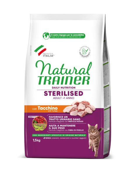 Natural Trainer Adult Sterilised Con Carni Bianche Fresche kg 1,5. Cibo Secco Per Gatti.