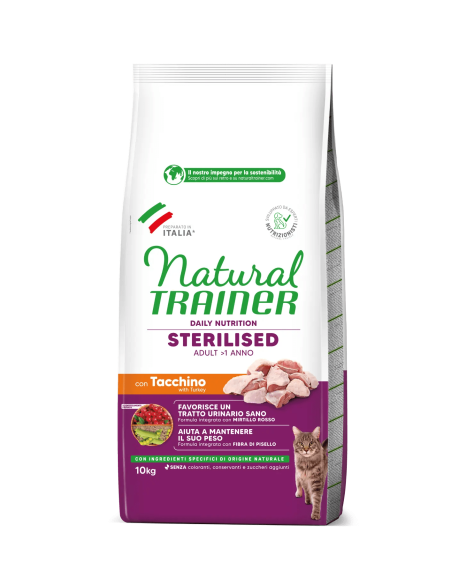 Natural Trainer Adult Sterilizzato Tacchino kg 10 Cibo Secco Per Gatti .