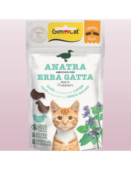 Gimcat Crunchy Snack Anatra e Erba Gatta gr50 . Snack Per gatti.