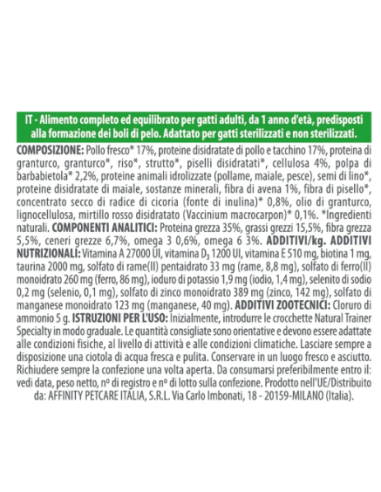 Natural Trainer Gatto Hairball Boli di pelo kg 1,5. Cibo Secco Per Gatti .