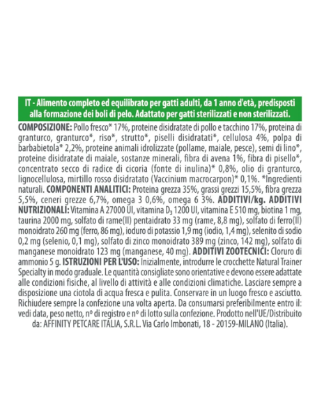 Natural Trainer Gatto Hairball Boli di pelo kg 1,5. Cibo Secco Per Gatti .