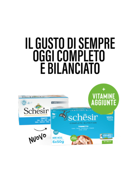Schesir Tonnetto 6x50 Gr. Cibo Umido per Gatti Adulti Pelo Corto.