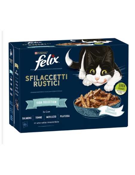 Felix Multipack le Sfilaccetti Rustici Fish Selection 12x85gr.Cibo Umido Per Gatti