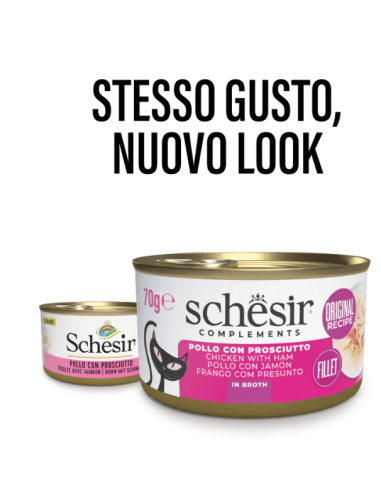 Schesir Pollo Con Prosciutto In brodo  gr 70. Cibo umido per gatti.
