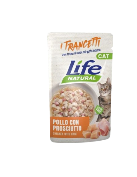 LIFE Cat Busta Trancetti Pollo con Prosciutto Gr.55.Cibo Umido per Gatti