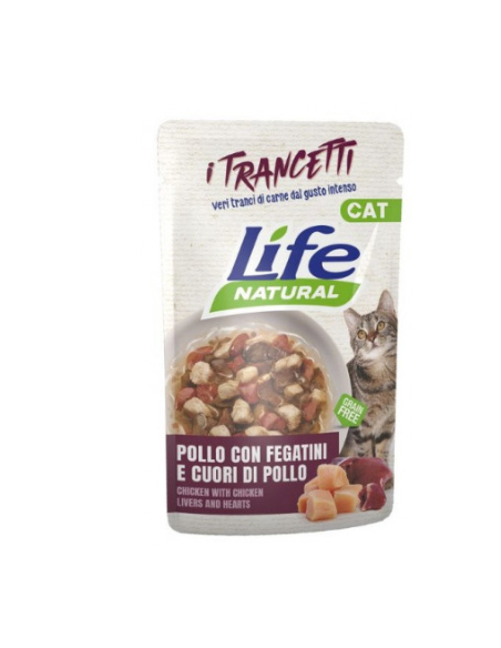 LIFE Cat Busta Trancetti Pollo con Fegatini e Cuori di Pollo Gr.55.Cibo Umido per gatti
