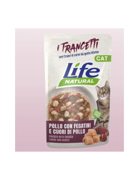 LIFE Cat Busta Trancetti Pollo con Fegatini e Cuori di Pollo Gr.55.Cibo Umido per gatti