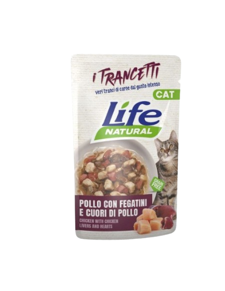 LIFE Cat Busta Trancetti Pollo con Fegatini e Cuori di Pollo Gr.55.Cibo Umido per gatti