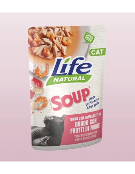 LIFE Cat Busta Soup Tonno e Gamberetti in Brodo con Frutti di Mare Gr.60.Cibo Umido Per Gatti