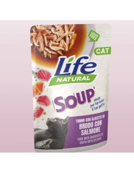 Life Cat Busta Soup Tonno e Alicette in Brodo con Salmone gr 60.Cibo Umido Per gatti.