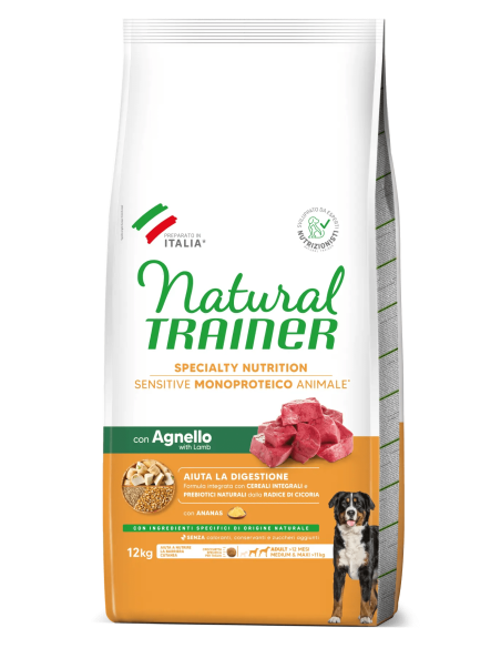Natural Trainer Dog Sensitive Medium Maxi Agnello e Cereali No Gluten  kg 12. Alimento Per Cani