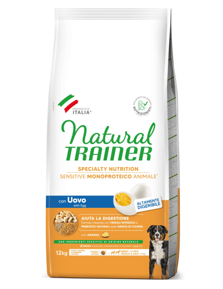 Trainer Dog Sensitive NoGluten Med/Max Uovo e Cereali Integrali kg.12. Cibo Secco Per Cani