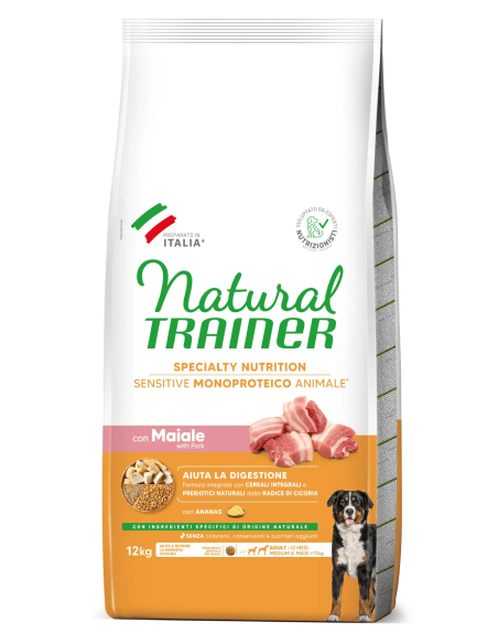 Trainer Dog Sensitive Medium Maxi Maiale e Cereali Integrali No Gluten Kg 12,5.Cibo Secco Per Cani