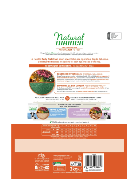 Trainer Dog Natural Trainer Medium Tonno e Riso Kg 3 Cibo Secco Per Cani