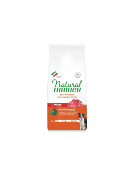 Natural Trainer Dog Medium Manzo Riso Kg.12 Cibo Secco Per Cani.