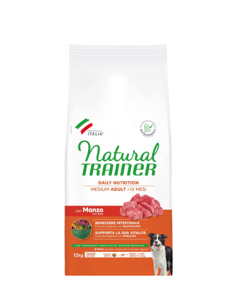 Natural Trainer Dog Medium Manzo Riso Kg.12 Cibo Secco Per Cani.