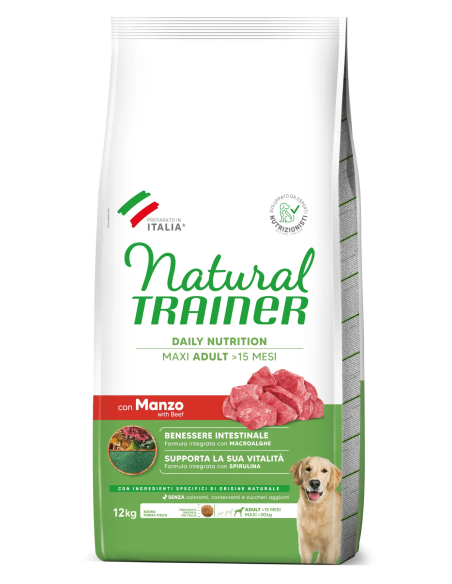 Natural Trainer Dog  Maxi Manzo e Riso kg 12. Cibo Secco Per Cani Taglia Grande.
