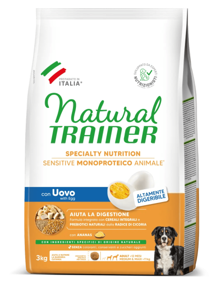Trainer Dog Sensitive NoGluten Med/Max Uovo e Cereali Integrali kg.3. Crocchette per cani