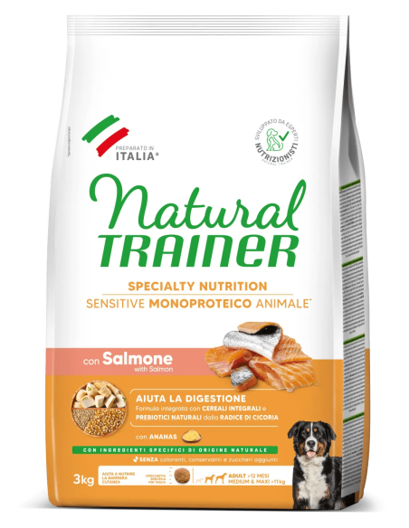 Natura Trainer Dog Sensitive Medium Maxi Salmone e Cereali No Gluten kg 3. Cibo Secco Per Cani