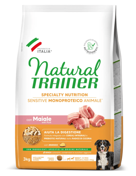 Trainer Dog Sensitive Medium Maxi Maiale e Cereali Integrali No Gluten Kg 3.Cibo Secco Per Cani