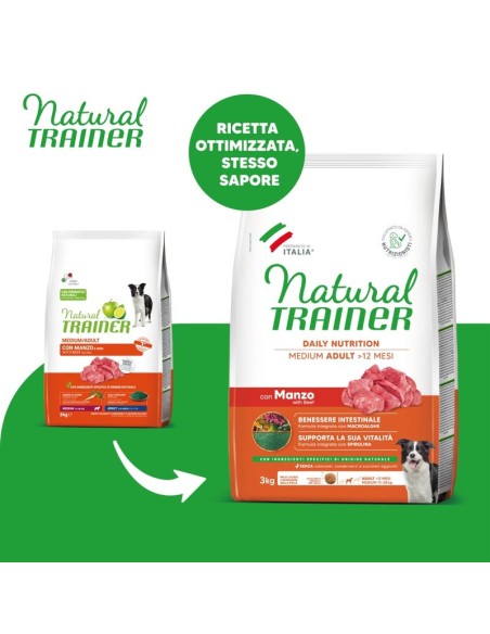 Natural Trainer Dog Medium Manzo Riso Kg.3 Cibo Secco Per Cani. Alimento Completo