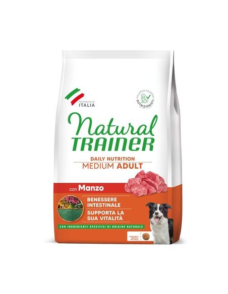 Natural Trainer Dog Medium Manzo Riso Kg.3 Cibo Secco Per Cani.