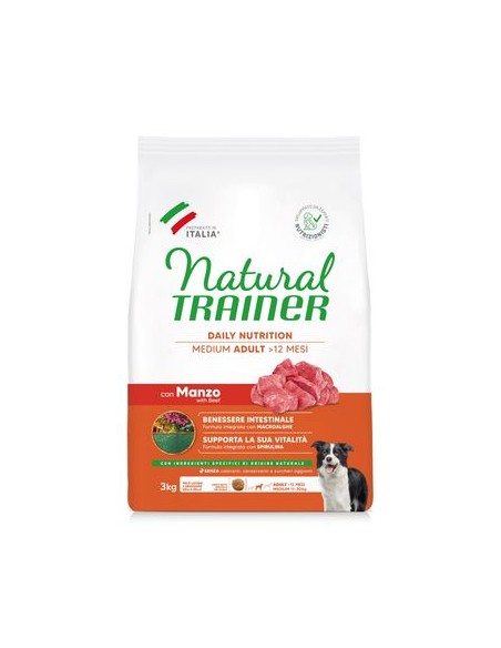Natural Trainer Dog Medium Manzo Riso Kg.3 Cibo Secco Per Cani. Alimento Completo