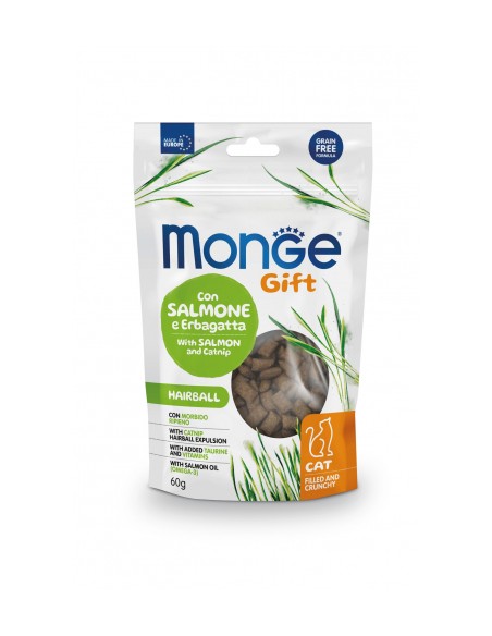 Monge Gift Cat Filled and Crunchy Hairball Salmone ed Erba gatta gr.60. Snack Per Gatti.