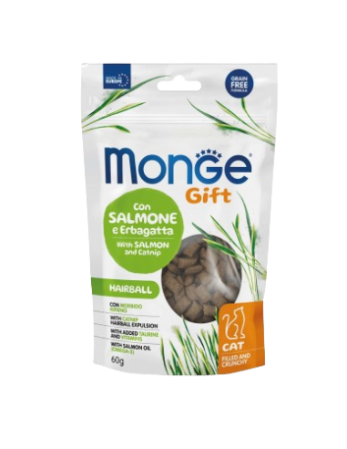 Monge Gift Cat Filled and Crunchy Hairball Salmone ed Erba gatta gr.60. Snack Per Gatti.