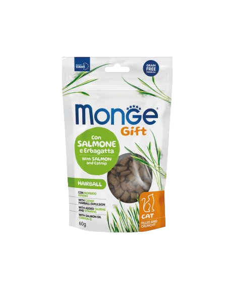 Monge Gift Cat Filled and Crunchy Hairball Salmone ed Erba gatta gr.60. Snack Per Gatti.