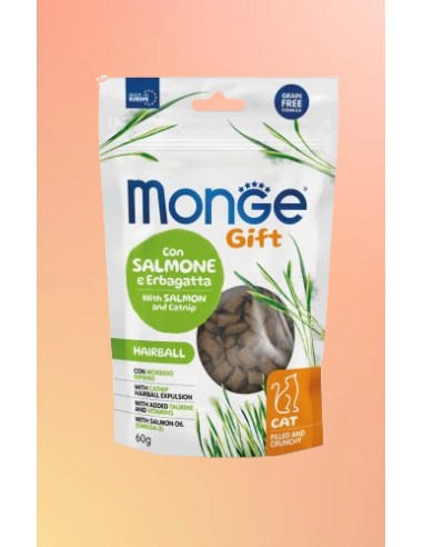 Monge Gift Cat Filled and Crunchy Hairball Salmone ed Erba gatta gr.60. Snack Per Gatti.
