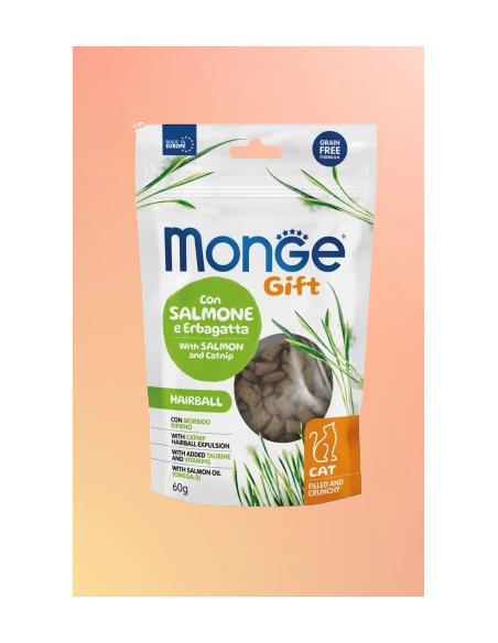 Monge Gift Cat Filled and Crunchy Hairball Salmone ed Erba gatta gr.60. Snack Per Gatti.