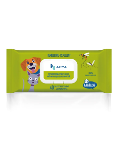 Salviette Arya Repellenti Citronelle e Olio di Neem 40 pezzi. Igienici per cani.