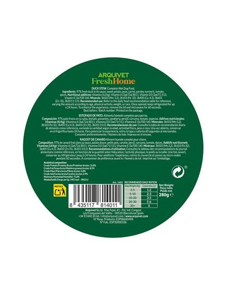 Arquivet Fresh Home Duck Stew 280 gr . Cibo Umido Per Cani .