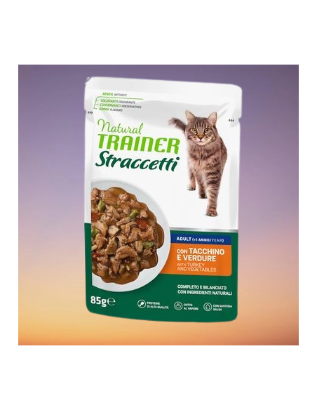 Trainer Umido Natural Cat busta Tacchino in Straccetti gr.85.Cibo Umido Per Gatti