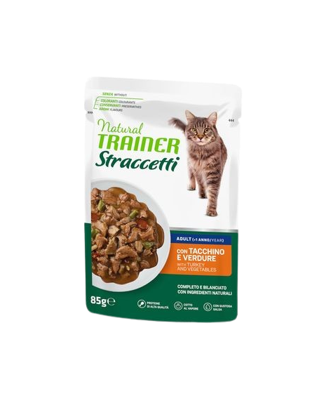 Trainer Umido Natural Cat busta Tacchino in Straccetti gr.85.Cibo Umido Per Gatti.
