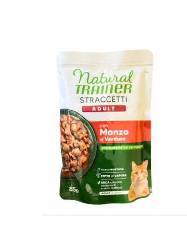Trainer Umido Natural Cat busta Straccetti Manzo e Verdure gr.85.Cibo Umido per gatti.