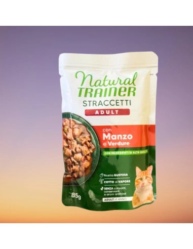 Trainer Umido Natural Cat busta Straccetti Manzo e Verdure gr.85.Cibo Umido per gatti.