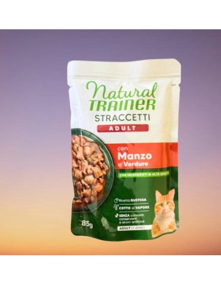 Trainer Umido Natural Cat busta Straccetti Manzo e Verdure gr.85.Cibo Umido per gatti. Trainer Umido Natural Cat busta Straccetti Manzo e Verdure gr.85.Cibo Umido per gatti.