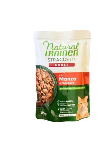 Trainer Umido Natural Cat busta Straccetti Manzo e Verdure gr.85.Cibo Umido per gatti.