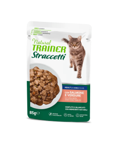 Trainer Umido Natural Cat busta Salmone e verdure in Straccetti gr.85. Cibo Umido per gatti.