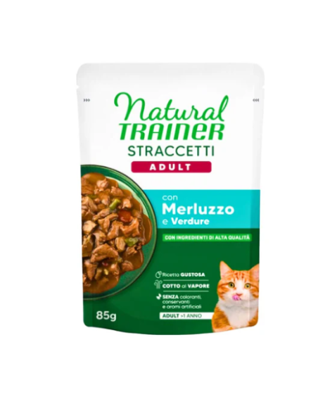 Trainer Umido Natural Cat busta Straccetti Merluzzo gr.85.Cibo Umido per gatti.